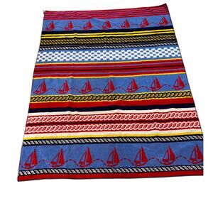 Vintage La Plage Cotton Beach Towel Nautical Sailboat Striped Red Blue Brazil